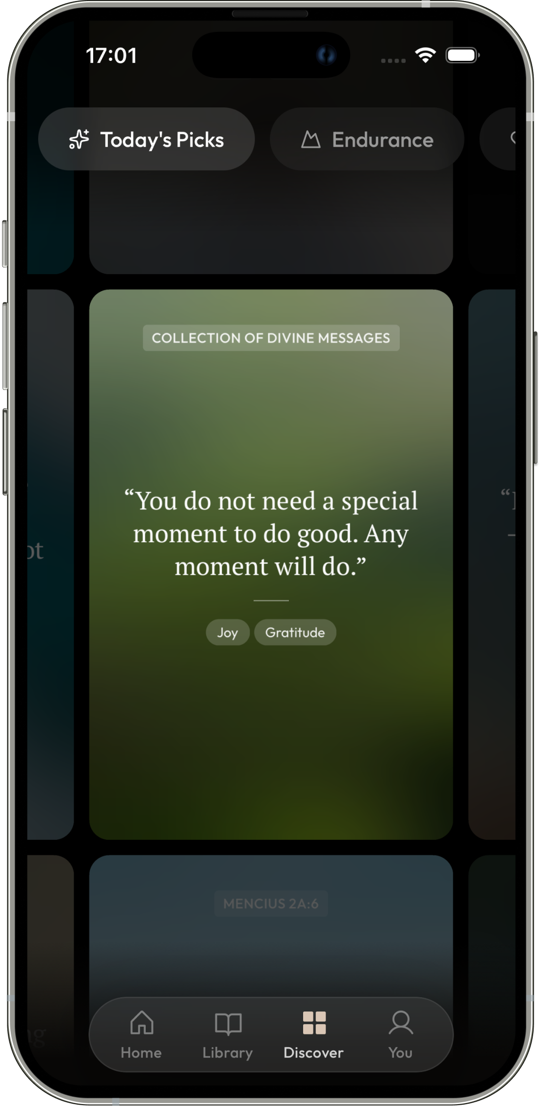 Credo app showing the Discover screen on iPhone 14 Pro